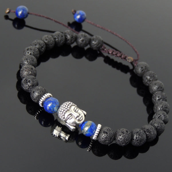 Men's Women Lava Rock Lapis Adjustable Braided Bracelet Tibetan Silver Sakyamuni Buddha Head Bead Buddhism DiyNotion T213