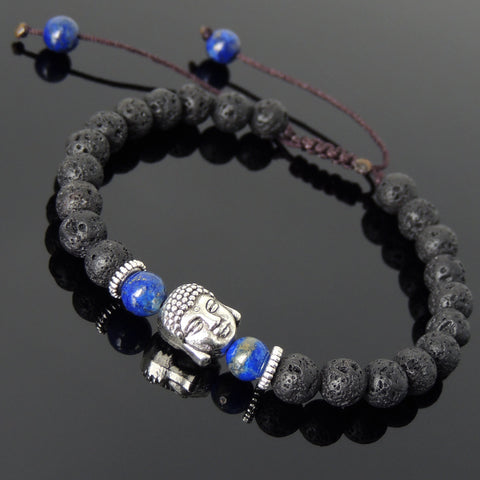 Men's Women Lava Rock Lapis Adjustable Braided Bracelet Tibetan Silver Sakyamuni Buddha Head Bead Buddhism DiyNotion T213