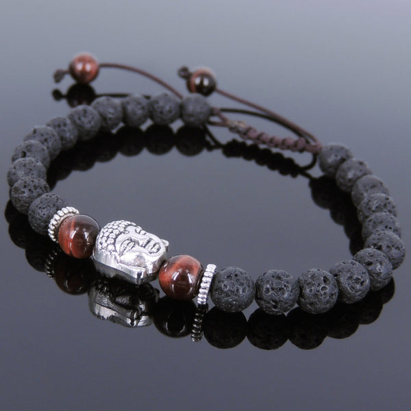 Men's Women Lava Rock Red Tiger Eye Adjustable Braided Bracelet Tibetan Silver Sakyamuni Buddha Head Bead Buddhism DiyNotion T215