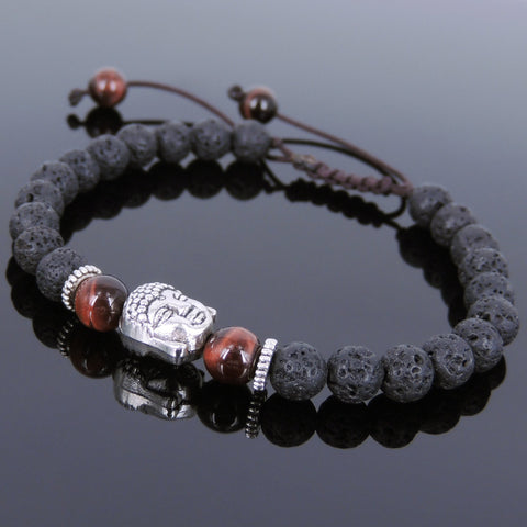 Men's Women Lava Rock Red Tiger Eye Adjustable Braided Bracelet Tibetan Silver Sakyamuni Buddha Head Bead Buddhism DiyNotion T215