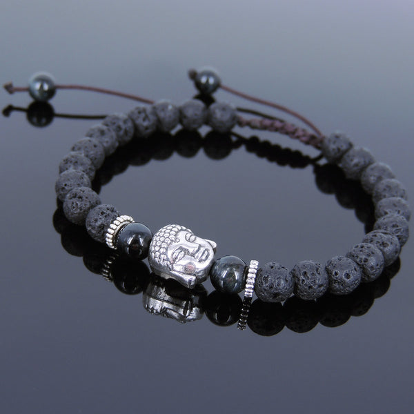 Men's Women Lava Rock Blue Tiger Eye Adjustable Braided Bracelet Tibetan Silver Sakyamuni Buddha Head Bead Buddhism DiyNotion T216