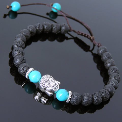 Men's Women Lava Rock Enhanced Turquoise Adjustable Braided Bracelet Tibetan Silver Sakyamuni Buddha Head Bead Buddhism DiyNotion T219