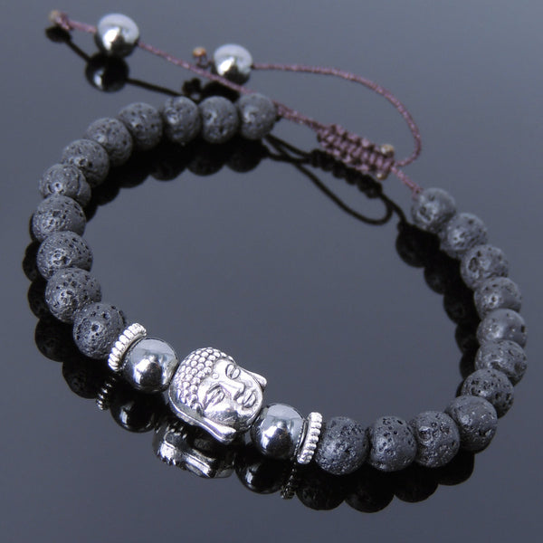 Men's Women Lava Rock Hematite Adjustable Braided Bracelet Tibetan Silver Sakyamuni Buddha Head Bead Buddhism DiyNotion T224