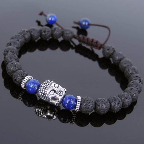 Men's Women Lava Rock Lapis Adjustable Braided Bracelet Tibetan Silver Sakyamuni Buddha Head Bead Buddhism DiyNotion T226