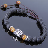 Men's Women Lava Rock Brown Tiger Eye Adjustable Braided Bracelet Tibetan Silver Sakyamuni Buddha Head Bead Buddhism DiyNotion T227