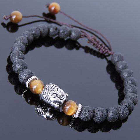 Men's Women Lava Rock Brown Tiger Eye Adjustable Braided Bracelet Tibetan Silver Sakyamuni Buddha Head Bead Buddhism DiyNotion T227