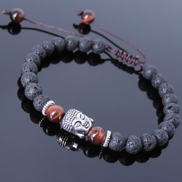 Men's Women Lava Rock Red Tiger Eye Adjustable Braided Bracelet Tibetan Silver Sakyamuni Buddha Head Bead Buddhism DiyNotion T228