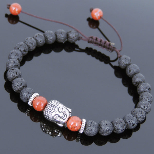Men's Women Lava Rock Red Jasper Stone Adjustable Braided Bracelet Tibetan Silver Sakyamuni Buddha Head Bead Buddhism DiyNotion T231