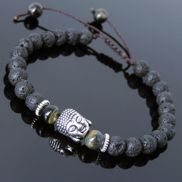 Men's Women Lava Rock Brown Blue Tiger Eye Adjustable Braided Bracelet Tibetan Silver Sakyamuni Buddha Head Bead Buddhism DiyNotion T233