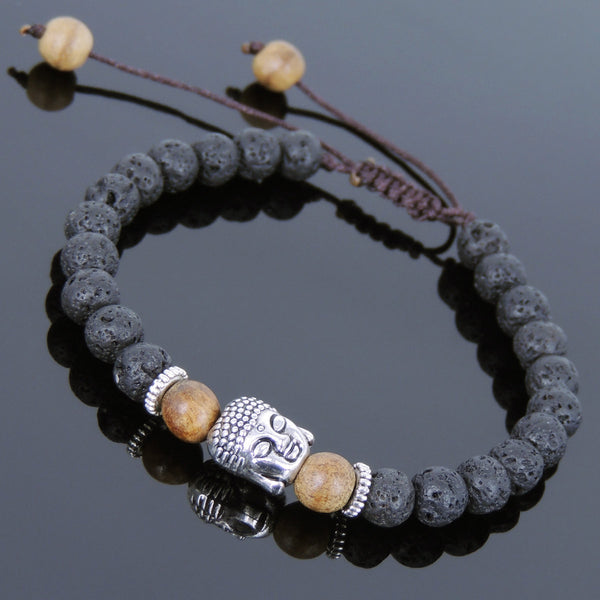 Men's Women Lava Rock Agarwood Adjustable Braided Bracelet Tibetan Silver Sakyamuni Buddha Head Bead Buddhism DiyNotion T238