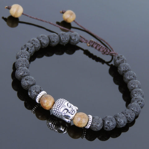 Men's Women Lava Rock Agarwood Adjustable Braided Bracelet Tibetan Silver Sakyamuni Buddha Head Bead Buddhism DiyNotion T238