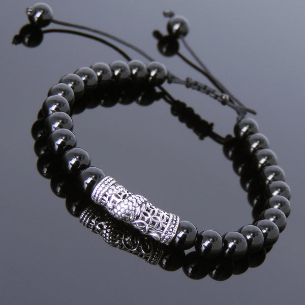 Men's Women Bright Black Onyx Adjustable Braided Bracelet 925 Sterling Silver Dragon Charm DiyNotion BR789