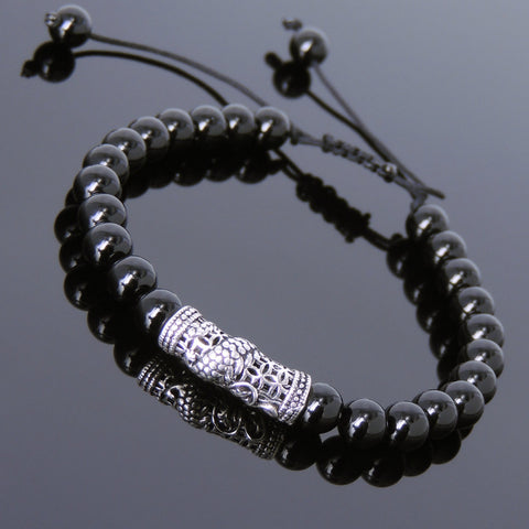 Men's Women Bright Black Onyx Adjustable Braided Bracelet 925 Sterling Silver Dragon Charm DiyNotion BR789