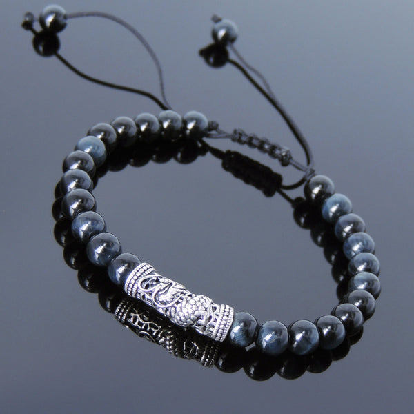 Men's Women Blue Tiger Eye Adjustable Braided Bracelet 925 Sterling Silver Dragon Charm DiyNotion BR793