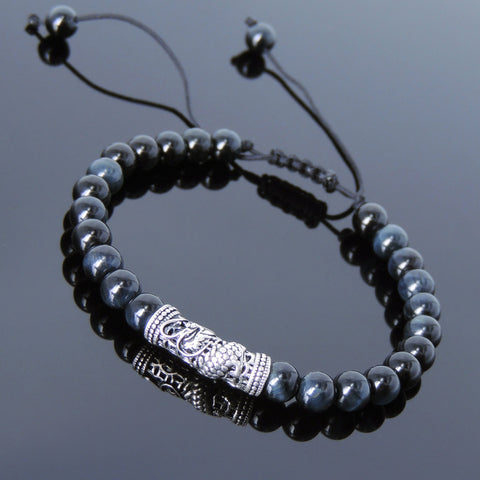 Men's Women Blue Tiger Eye Adjustable Braided Bracelet 925 Sterling Silver Dragon Charm DiyNotion BR793