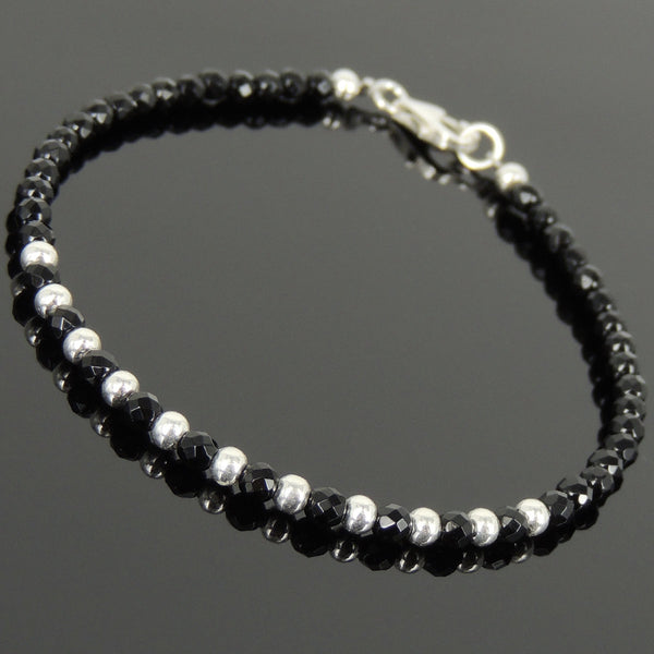 Men's Women 3mm Faceted Black Onyx 925 Sterling Silver Bracelet DiyNotion Handmade BR944