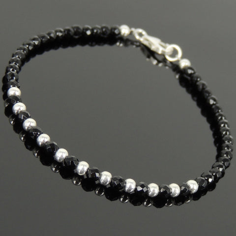 Men's Women 3mm Faceted Black Onyx 925 Sterling Silver Bracelet DiyNotion Handmade BR944