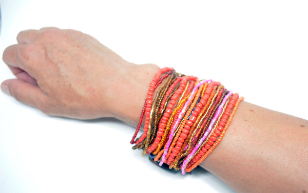 Multi Strand Beaded Bracelet Wooden Clasp Bracelet Red Grey Boho Bracelet Gypsy Wood Jewelry Gift for Her