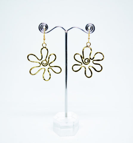Wire Dangle Earrings Hammered Brass Earrings Drop Flower Motif Earrimgs Boho Ethnic Drop Earrings Wedding Gift  Easter Gift