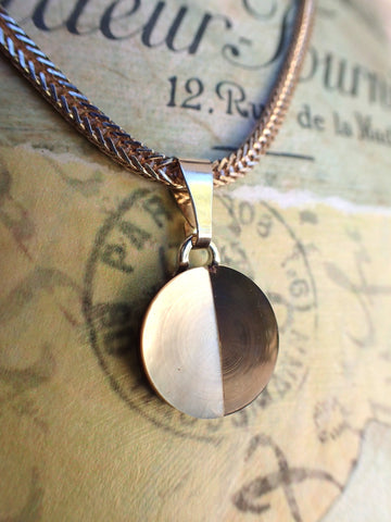 Vintage Inlaid White & Smoky Mother of Pearl Button Pendant Necklace, Smoky MOP Pendant, Half Moon Necklace, Silver 18" Wheat Chain, CGN259