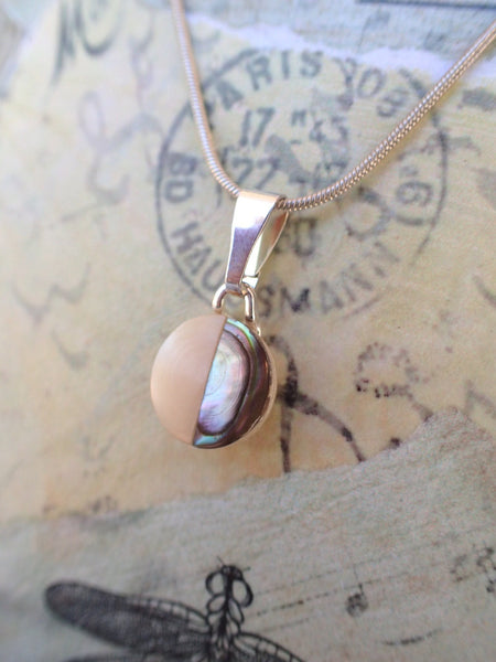 Vintage Inlaid White Mother of Pearl & Abalone Button Pendant Necklace, Half Moon Necklace, MOP Button, Sterling Silver 18" Chain, MPN261