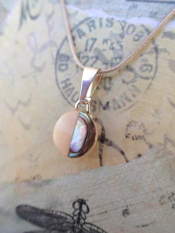 Vintage Inlaid White Mother of Pearl & Abalone Button Pendant Necklace, Half Moon Necklace, MOP Button, Sterling Silver 18" Chain, MPN261
