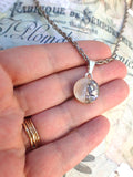 Vintage Inlaid White Mother of Pearl & Abalone Button Pendant Necklace, MOP Button, Half Moon Necklace, Silver 18" Rope Twist Chain, MPN128
