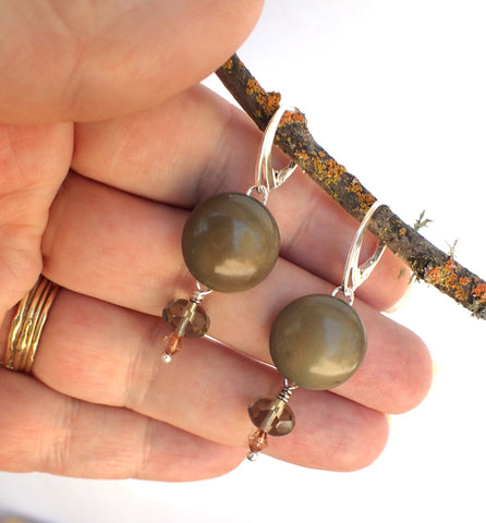 Vintage Army Grey Green Button Earrings, Army Green Crystal Glass Beads, Sterling Silver Leverback Wires, PGE104