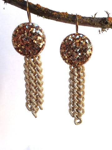 Vintage Gold Glitter Lucite Button Earrings, Chain Tassels, Curb Link Chain, Gold Filled Handmade Ear Wires, Boho, Eclectic Pretties, PBE108