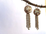 Vintage Gold Glitter Lucite Button Earrings, Chain Tassels, Curb Link Chain, Gold Filled Handmade Ear Wires, Boho, Eclectic Pretties, PBE108