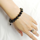 Men's Women Bright Black Onyx Adjustable Braided Bracelet with Hot Stamping Dragon Sign DiyNotion BR795