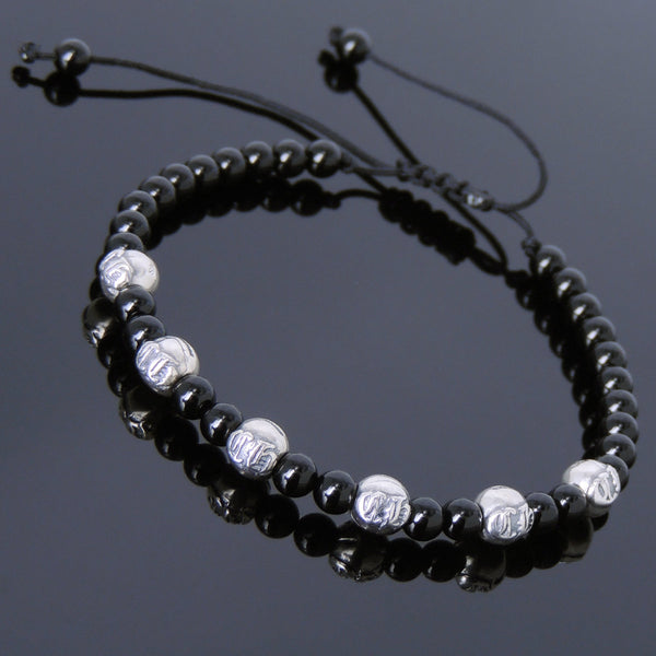Men's Women Bright Black Onyx Adjustable Braided Bracelet 925 Sterling Silver Celtic Beads DiyNotion BR796