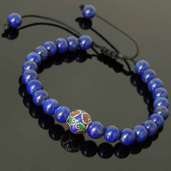 Men's Women Lapis Lazuli Adjustable Braided Bracelet 925 Sterling Silver Hand-painted Bead DiyNotion BR799
