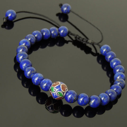 Men's Women Lapis Lazuli Adjustable Braided Bracelet 925 Sterling Silver Hand-painted Bead DiyNotion BR799