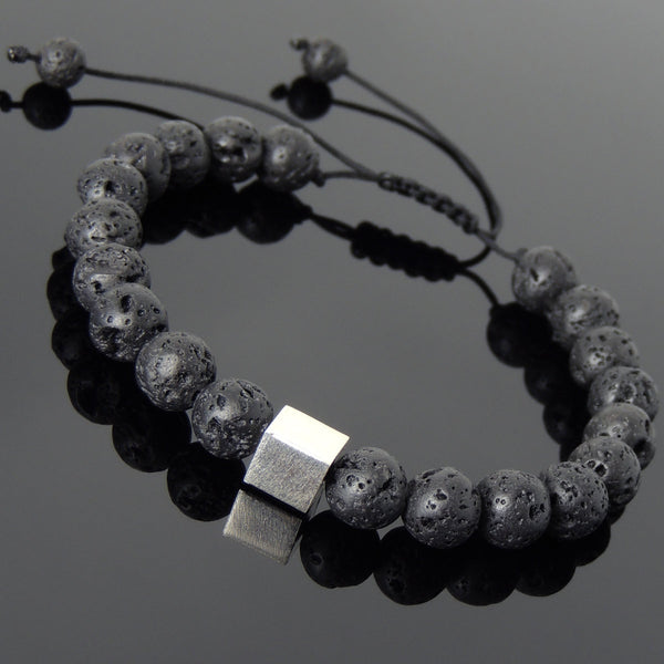 Men's Women Lava Rock Adjustable Braided Bracelet 925 Sterling Silver Cube Bead DiyNotion BR800