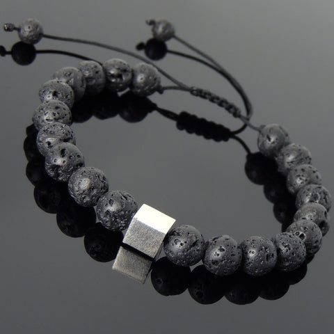 Men's Women Lava Rock Adjustable Braided Bracelet 925 Sterling Silver Cube Bead DiyNotion BR800