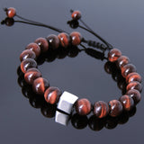 Men's Women Red Tiger Eye Adjustable Braided Bracelet 925 Sterling Silver Cube Bead DiyNotion BR802