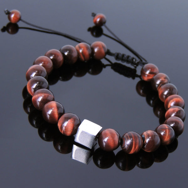 Men's Women Red Tiger Eye Adjustable Braided Bracelet 925 Sterling Silver Cube Bead DiyNotion BR802