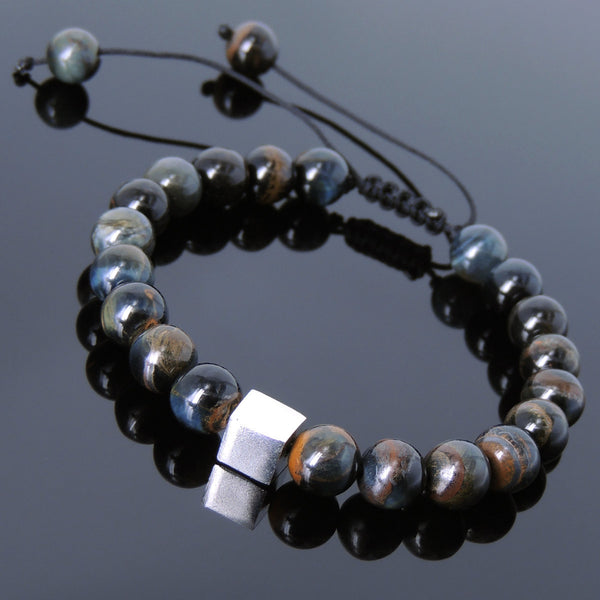 Men's Women Rare Mixed Blue Tiger Eye Adjustable Braided Bracelet 925 Sterling Silver Cube Bead DiyNotion BR803