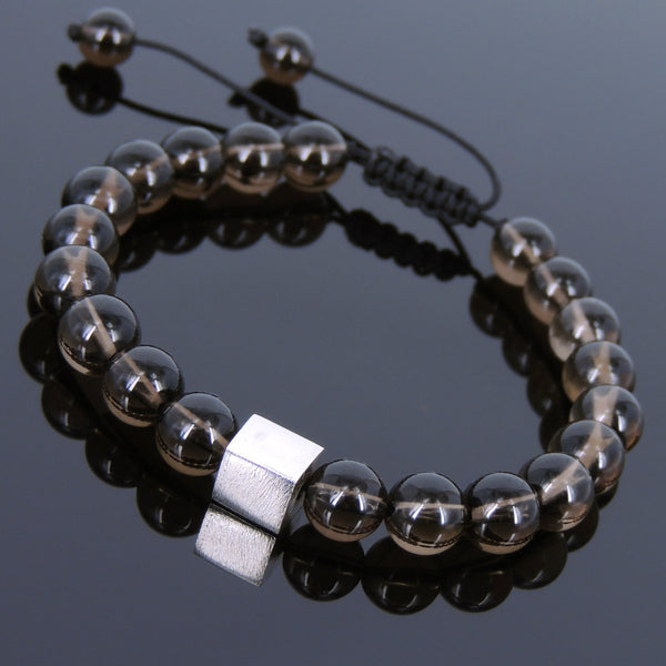 Men's Women Smoky Quartz Adjustable Braided Bracelet 925 Sterling Silver Cube Bead DiyNotion BR805