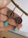 Vintage Button Earrings, Brown Flower Buttons, Turquoise Tear Drop Beads, Hand Made Ear Wires, Spark Joy, PBE110