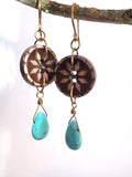 Vintage Button Earrings, Brown Flower Buttons, Turquoise Tear Drop Beads, Hand Made Ear Wires, Spark Joy, PBE110