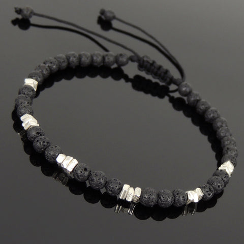 Men's Women Lava Rock Adjustable Braided Bracelet 925 Sterling Silver Nugget Beads DiyNotion BR948