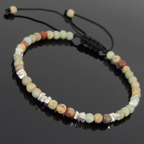 Men's Women Jasper Stone Adjustable Braided Bracelet 925 Sterling Silver Nugget Beads DiyNotion BR949