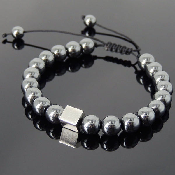 Men's Women Hematite Adjustable Braided Bracelet 925 Sterling Silver Cube Bead DiyNotion BR806