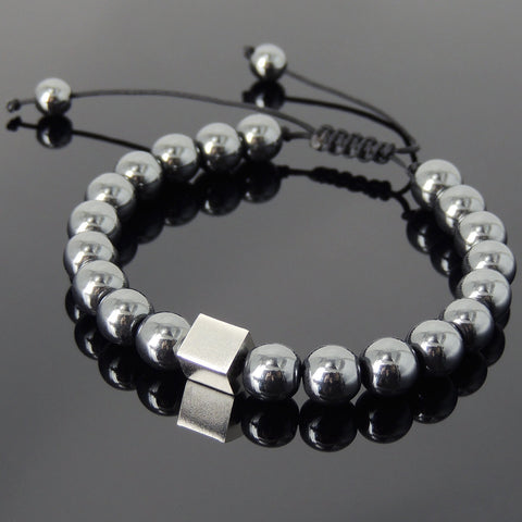Men's Women Hematite Adjustable Braided Bracelet 925 Sterling Silver Cube Bead DiyNotion BR806