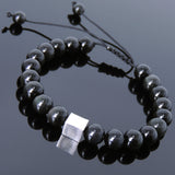 Men's Women Black Obsidian Adjustable Braided Bracelet 925 Sterling Silver Cube Bead DiyNotion BR808