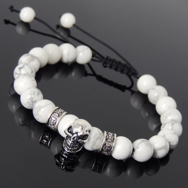 Men's Women White Howlite Adjustable Braided Bracelet 925 Sterling Silver Skull Cross Spacers DiyNotion BR814