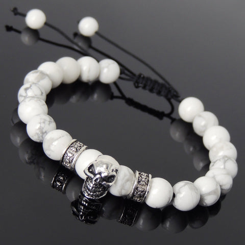 Men's Women White Howlite Adjustable Braided Bracelet 925 Sterling Silver Skull Cross Spacers DiyNotion BR814