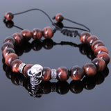 Men's Women Red Tiger Eye Adjustable Braided Bracelet 925 Sterling Silver Skull Cross Spacers DiyNotion BR815